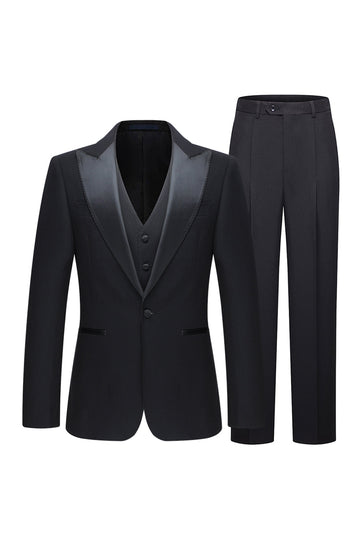 Czarne 3-częściowe męskie garnitury ślubne z klapami w kształcie szpiku slim fit